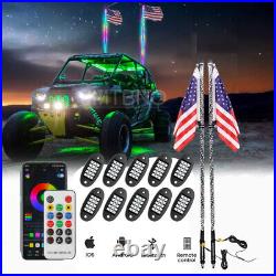 2X 3FT RGB Dancing LED Whip Lights + 10Pods Rock Light Kit Bluetooth for ATV UTV