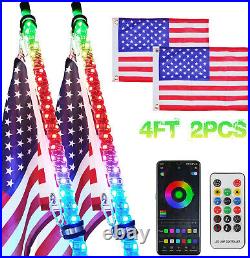 2X 4ft RGB LED Whip Light Bluetooth Antenna Chase + US Flag & Remote For ATV UTV