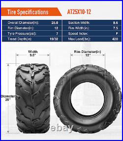 Four 25x10-12 ATV Tires 6Ply 25x10x12 UTV All Terrain Tires Tubeless Replacement