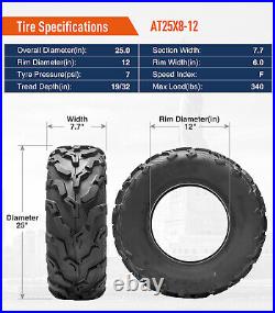 Four 25x8-12 ATV Tires 6Ply 25x8x12 UTV All Terrain Tires Tubeless Replacement
