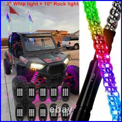 Pair 3FT ATV UTV RZR RGB LED Whip Lights + 10 Pods Rock Lights Underglow LED Kit