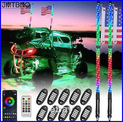 Pair 3ft RGB Spiral LED Whip Lights + 10 Pods RGB Rock Lights Bluetooth ATV UTV