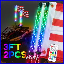 Pair 3ft RGB Spiral LED Whip Lights Antenna Chasing + Flag&Remote for ATV UTV US