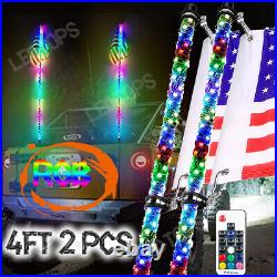 Pair 4ft RGB Spiral LED Whip Lights Antenna Chase + US Flag & Remote for ATV UTV