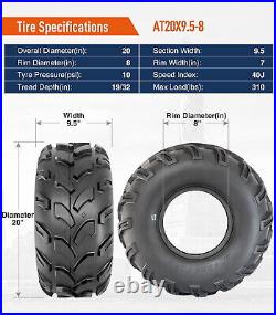 Set 2 20x9.50-8 UTV ATV Tires 4PR 20x9.5x8 All Terrain Replacement Tyre Tubeless