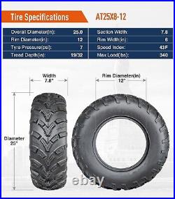 Set Of 2 25x8-12 ATV Tires 25x8x12 UTV Off-Road All Terrain 6PR Tubeless Replace